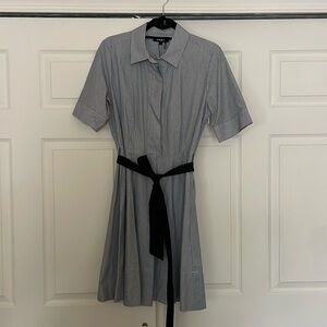 Dkny Gray Pinstripe Shirt Midi Dress with Black Waist Tie